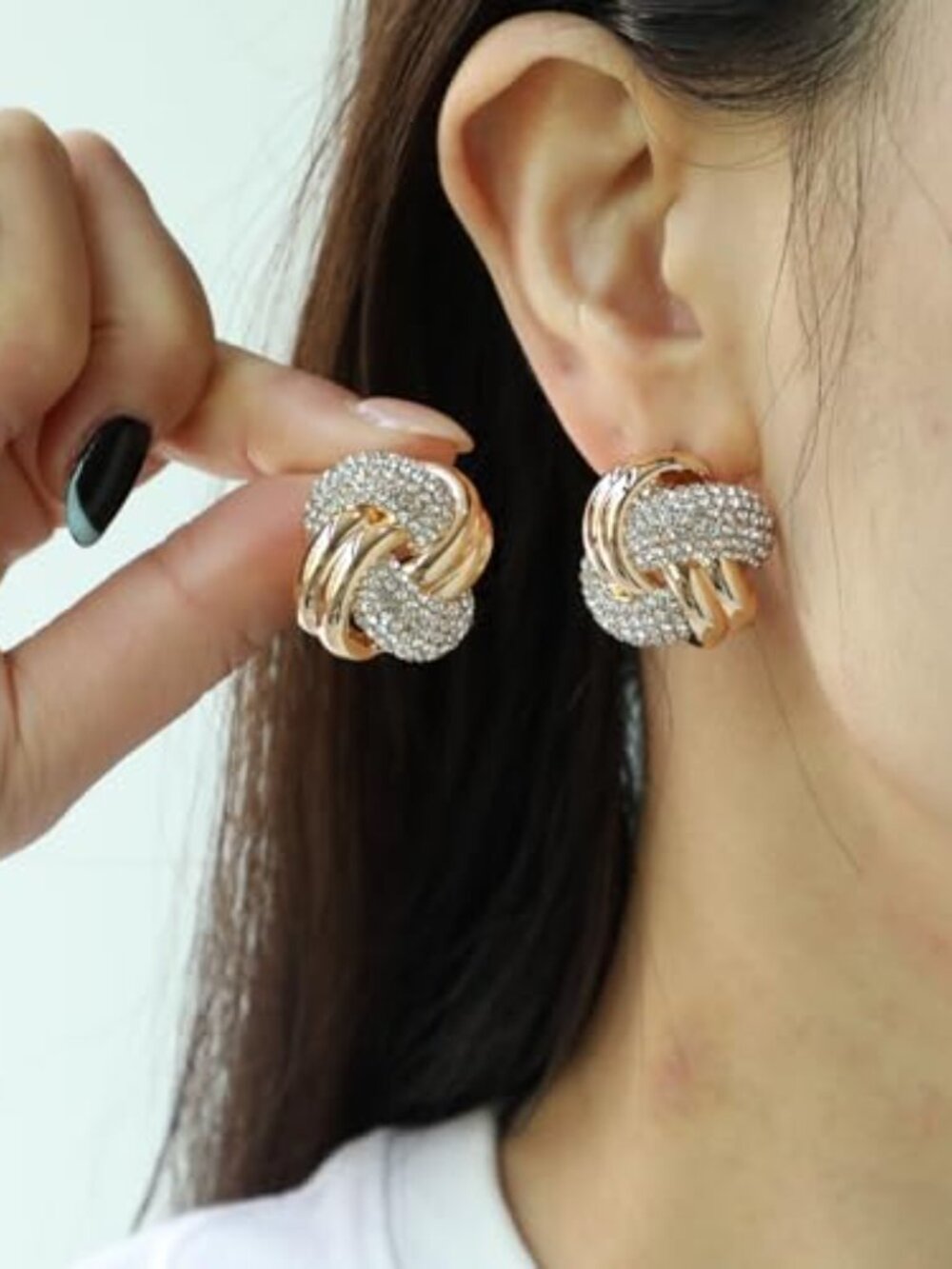 Statement Chunky Gold Earrings Large Knot Stud with Crystal Rhiones Fashion